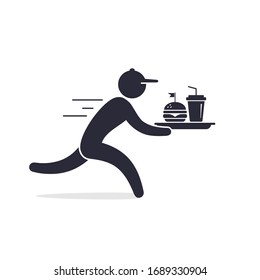 Fast food delivery icon, running Waiter Holding a Tray of Fast Food illustration.