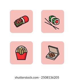 Fast food delivery icon set. Burrito, French fries, sushi rolls, pizza. Takeaway food concept. Vector illustration can be used for topics like delivery service, unhealthy eating