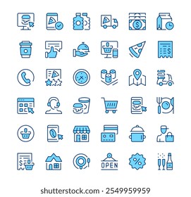 Fast food delivery icons. Outline symbols. Vector blue line icons set