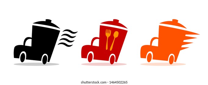 Fast Food Delivery Icons, Food Services Logotype Restaurant And Cafe. Vector Design Logo Food Delivery.Van Abstract With Food Box. Logistic Truck Icon. Vector Illustration Eps 10