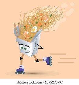 Fast food delivery illustration. A box of noodles with seafood rides on roller skates. The character is in the form of a box, the noodles seem to fly out of the box at high speed.