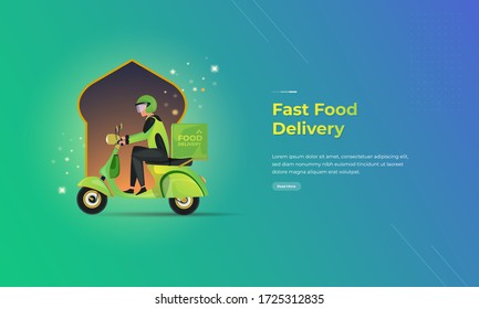 Ilustración de entrega de comida rápida, controlador en línea que envía pedidos de comida por scooter