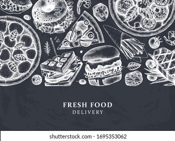 Fast food delivery illustration. Vintage background for restaurant, cafe or food delivery truck menu design. With hand drawn elements - burger, steak, fries, pizza, sandwiches sketches. On chalkboard