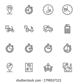 Fast food delivery line icons set, outline vector symbol collection, linear style pictogram pack. Signs, logo illustration. Set includes icons as express delivery scooter, menu, shipping tracking