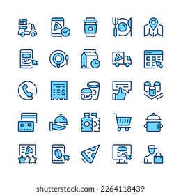 Fast food delivery line icons. Set of fast food delivery icons. Blue color. Vector line icons set