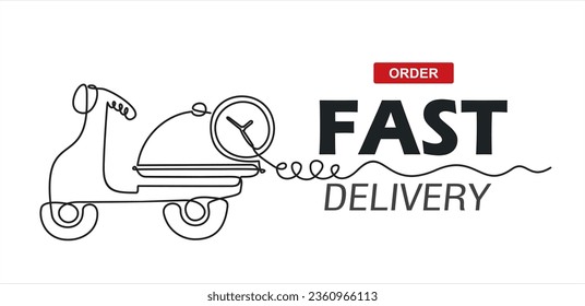 Fast food delivery. One single line drawing of motorcycle scooter with food dish and clock for food delivery service logo vector illustration. Restaurant food delivery badge concept. 