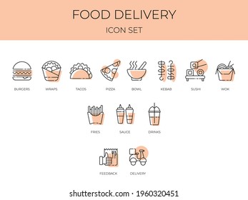 Fast Food delivery and online order service simple line icons set. Meal, sides, drinks menu and services icons collection. Outline set food delivery service vector icons for web and mobile app design