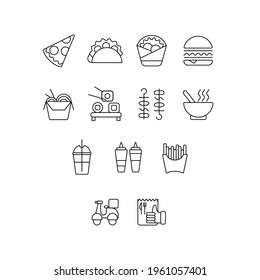 Fast Food delivery and online order service simple line icons set. Meal, sides, drinks menu and services icons collection. Outline set food delivery service vector icons for web and mobile app design