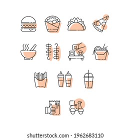 Fast Food delivery and online order service simple line icons set. Meal, sides, drinks menu and services icons collection. Outline set food delivery service vector icons for web and mobile app design