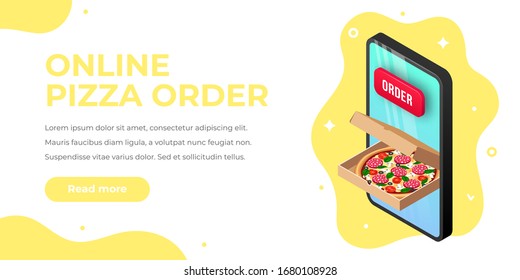 Fast food delivery order service isometric banner. 3d pizza in box, map pointer, city map on smartphone screen online concept. Vector illustration for web site, advert, mobile app