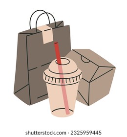 Fast food delivery packaging. Takeaway paper or cardboard food delivery containers, disposable paper bag, box and plastic cup flat vector illustration. Empty food packaging