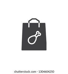Fast food delivery paper bag vector icon. filled flat sign for mobile concept and web design. Bag with chicken leg simple solid icon. Symbol, logo illustration. Pixel perfect vector graphics
