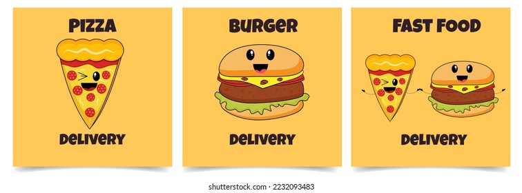 Fast food delivery poster, banner, social media post template set with pizza and burger with kawaii emotions.
