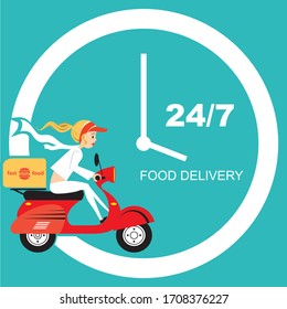 Fast food delivery scooter. Ecommerce concept. Order food online around the clock. Girl on a red scooter.