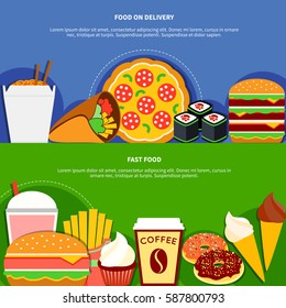 Fast food delivery service 2 flat banners advertisement poster with ice cream sushi cheeseburger 2 isolated vector illustration   
