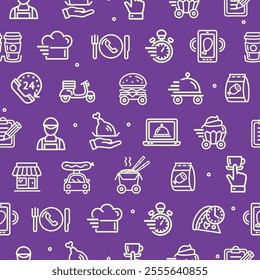 Fast Food Delivery Service Concept Sign Thin Line Sign Seamless Pattern Background on a Purple. Vector illustration