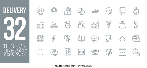 fast food delivery service outline flat icons set. Thin line design call center support 24/7 logo. icon pictogram set isolated on white. outline logo symbols for web design or mobile app communication