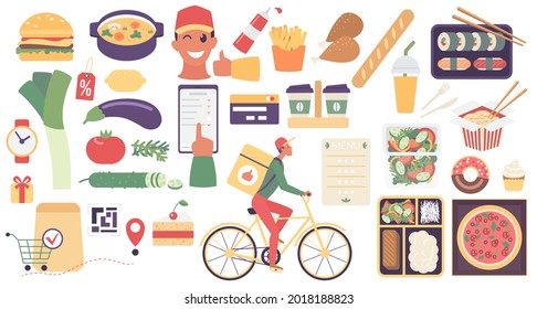 Fast food delivery service set vector illustration. Cartoon fastfood collection with man courier deliver on bike, meal box online order, express ordering in menu app of mobile phone isolated on white
