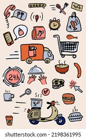 Fast food delivery service set vector illustration. Cartoon character delivering fastfood online order on bike scooter, takeaway hamburger sushi in cardboard
