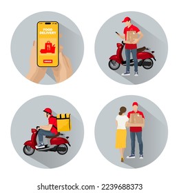 Fast food delivery service. A set of round food icons online order.