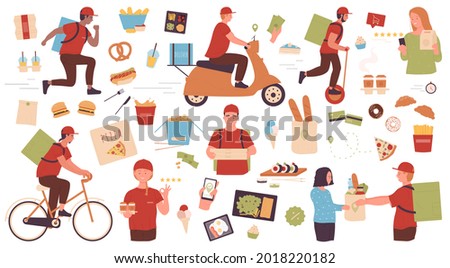 Fast food delivery service set vector illustration. Cartoon young courier character delivering fastfood order on bike scooter, takeaway pizza hamburger sushi in cardboard box isolated on white