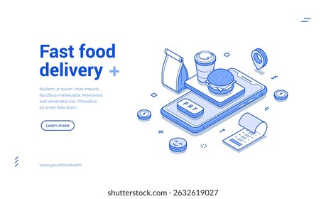Fast food delivery smartphone online application web banner minimalist isometric vector illustration. Eatery cafe restaurant meal dish shipping service mobile phone app monochrome landing page