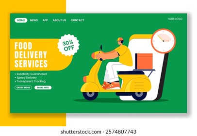 Fast Food Delivery Social Media Landing Page Illustration in Flat Cartoon Background