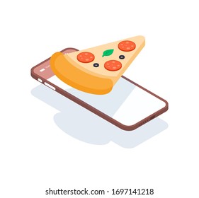 Fast food delivery through the application on your smartphone. Remote ordering food over the Internet from home. Hanging pizza next to a smartphone. Vector isometric illustration for culinary theme.