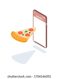 Fast food delivery through the application on your smartphone. Remote ordering food over the Internet from home. Hanging pizza next to a smartphone. Vector isometric illustration for culinary theme.