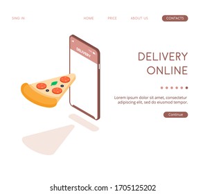  Fast food delivery through the application on your smartphone. Remote ordering food over the Internet from home. Hanging pizza next to a smartphone. Vector isometric illustration for culinary theme.