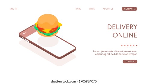 Fast food delivery through the application on your smartphone. Remote ordering food over the Internet from home. Hanging burger next to a smartphone. Vector isometric illustration.