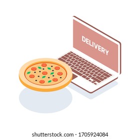 Entrega rápida de comida a través de la aplicación en su ordenador. Pedido remoto de comida a través de Internet desde casa. Pizza colgando junto a un ordenador portátil. Ilustración vectorial isométrica para el tema culinario.