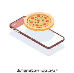Fast food delivery through the application on your smartphone. Remote ordering food over the Internet from home. Hanging pizza next to a smartphone. Vector isometric illustration for culinary theme.