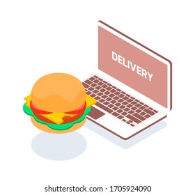 Fast food delivery through the application on your laptop. Remote ordering food over the Internet from home. Hanging burger next to a computer. Vector isometric illustration.