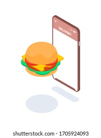 Entrega rápida de comida a través de la aplicación en su smartphone. Pedido remoto de comida a través de Internet desde casa. Hamburguesa colgando al lado de un smartphone. Ilustración isométrica vectorial.