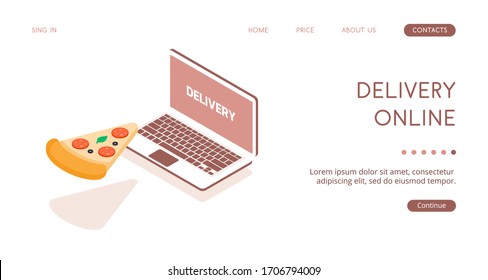 Schnelle Lieferung durch die Anwendung auf Ihrem Computer. Fernbestellung von Lebensmitteln über das Internet von zu Hause aus. Pizza neben einem Laptop hacken. Vektorillustration isometrische Illustration für kulinarische Themen.