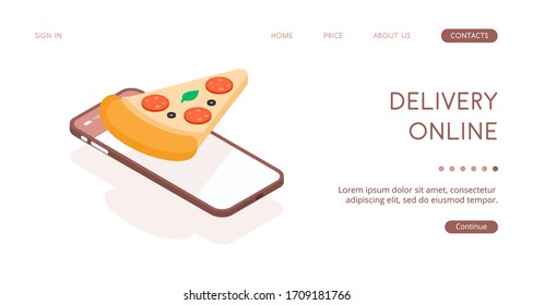 Schnelle Lieferung über die Anwendung auf Ihrem Smartphone. Fernbestellung von Lebensmitteln über das Internet von zu Hause aus. Pizza neben einem Smartphone halten. Vektorillustration isometrische Illustration für kulinarische Themen.
