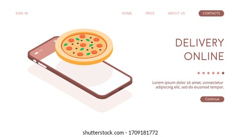 Entrega rápida de comida a través de la aplicación en su smartphone. Pedido remoto de comida a través de Internet desde casa. Pizza colgando al lado de un smartphone. Ilustración vectorial isométrica para el tema culinario.