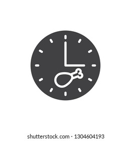 Fast food delivery time vector icon. filled flat sign for mobile concept and web design. Clock with chicken leg simple solid icon. Symbol, logo illustration. Pixel perfect vector graphics
