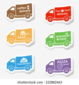 Fast food delivery trucks. Vector stickers.
