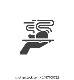 Fast food delivery vector icon. filled flat sign for mobile concept and web design. Hand hold plate with fried chicken glyph icon. Symbol, logo illustration. Vector graphics