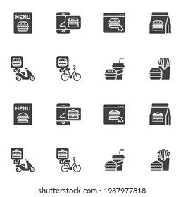 Fast food delivery vector icons set, modern solid symbol collection, filled style pictogram pack. Signs, logo illustration. Set includes icons as online burger order, french fries and soda drink