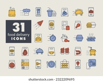 Fast food delivery vector icons set. Graph symbol for cooking web site and apps design, logo, app, UI