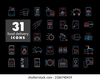 Fast food delivery vector isolated on black background icons set. Graph symbol for cooking web site and apps design, logo, app, UI