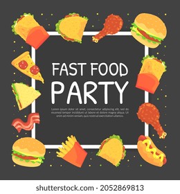 Fast Food Design with Appetizing Hamburger, Sandwich and Pizza Slice Vector Template
