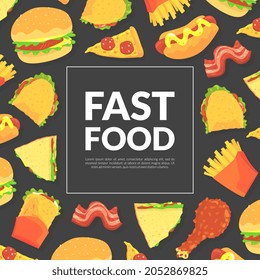 Fast Food Design with Appetizing Hamburger, Sandwich and Pizza Slice Vector Template