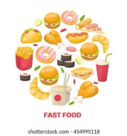 Fast food design in circle shape with noodle chicken burger drink croissant sushi taco pizza vector illustration 