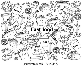 Fast food  design colorless set vector illustration. Coloring book. Black and white line art