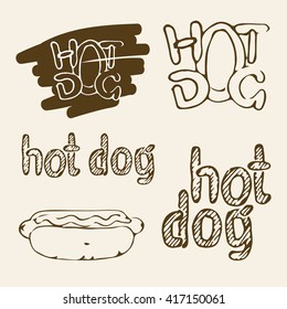 Fast food design elements, hotdog hand written labels and sketch of hot dog with a sauce. Monochrome EPS8 vector graphics.