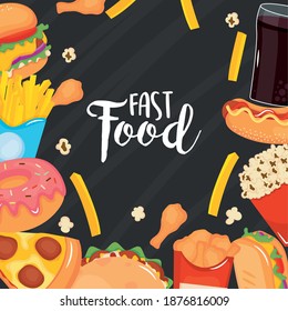 fast food design with food frame over black background, colorful design, vector illustration